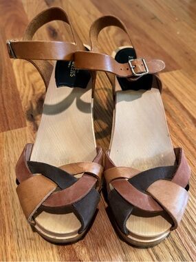 Swedish Hasbeen’s Women’s Tan and Brown Braided Leather wooden Sandals sz 38 (8)